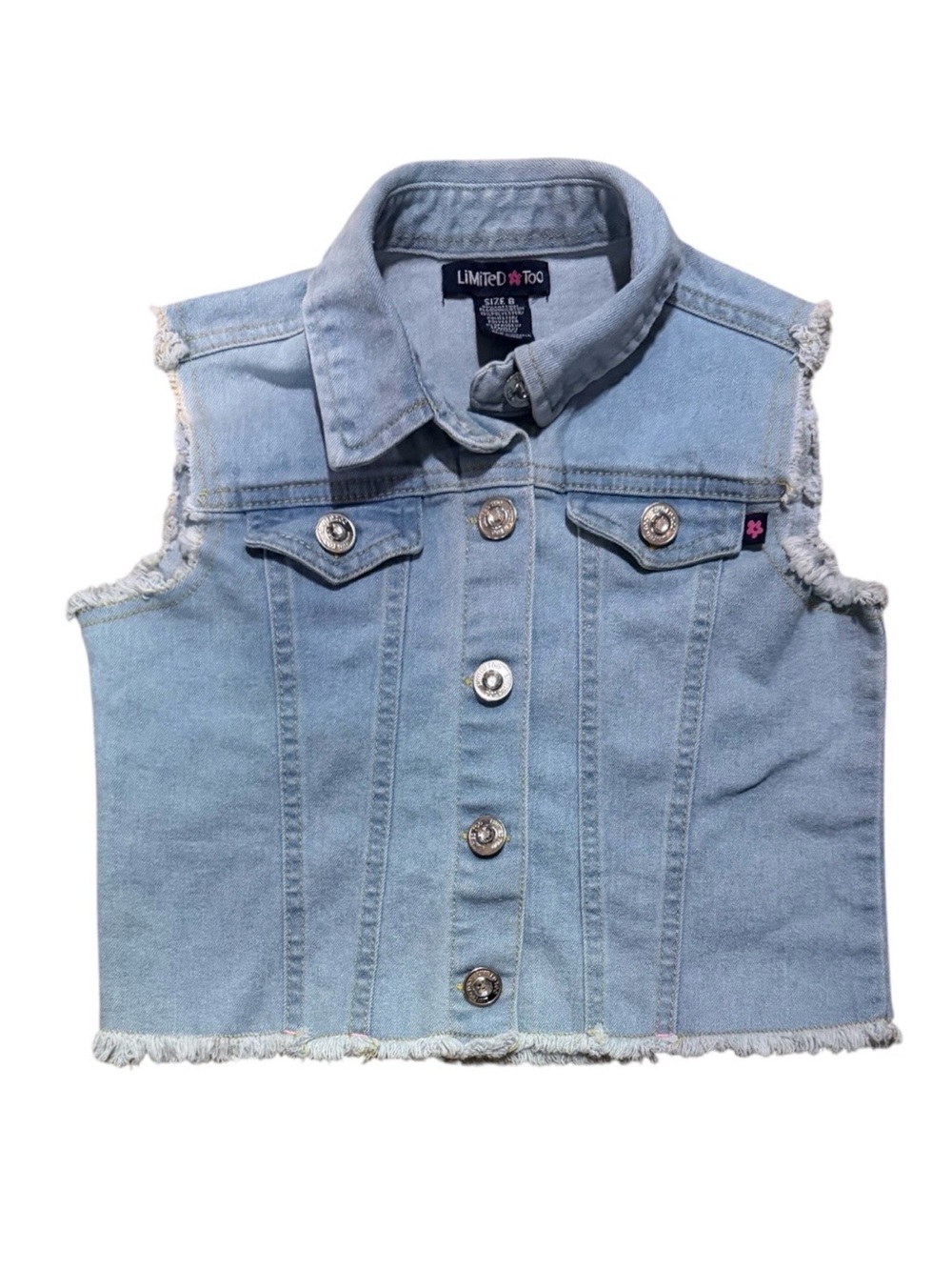 Limited Too Girls Denim Vest Size 8 Light Wash Frayed Raw Hem Button Front